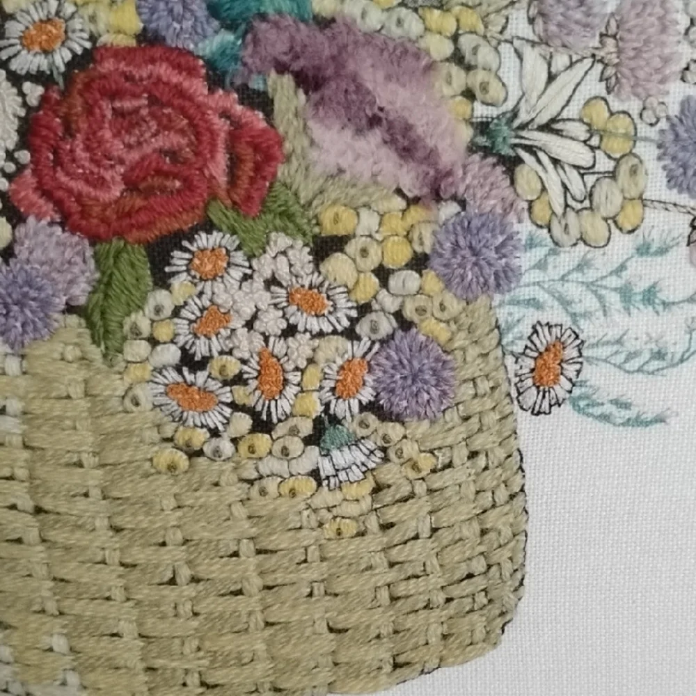 . Vintage Embroidery Framed Floral Wall Art - Flower Basket, Pink Mat, Wood
